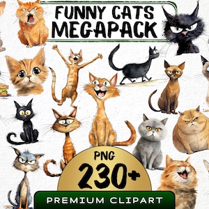 Funny cats Megabundle Clipart 230 Png, aquarelle de chaton mignon, graphismes insolites de chaton, chat grincheux, animal de dessin animé, tirages en téléchargement numérique