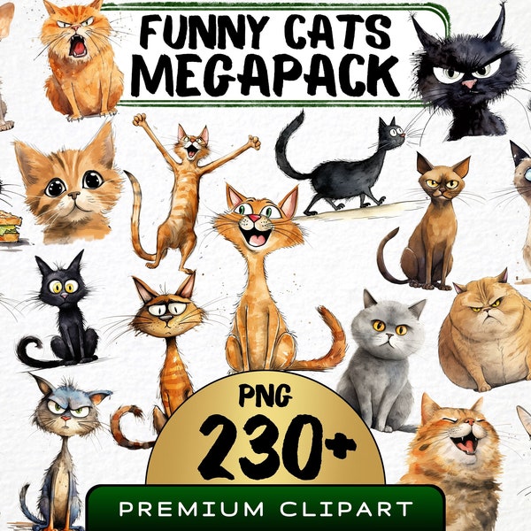 Lustige Katzen Megabundle Clipart 230 Png, süßes Kitty Aquarell, schrullige Kätzchen Grafiken, mürrische Katze, Cartoon Tier, digitaler Download-Druck