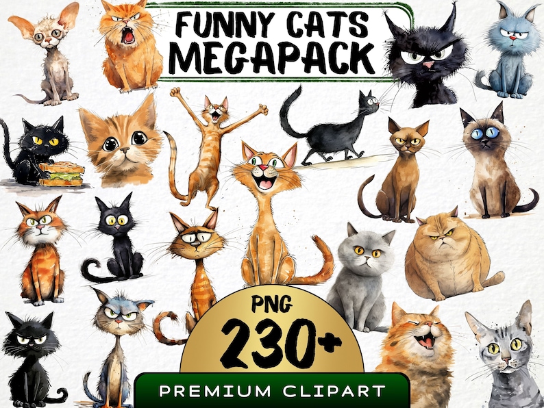 Funny Cats Watercolor Clipart Megabundle, 230+ PNG (digital Download ...