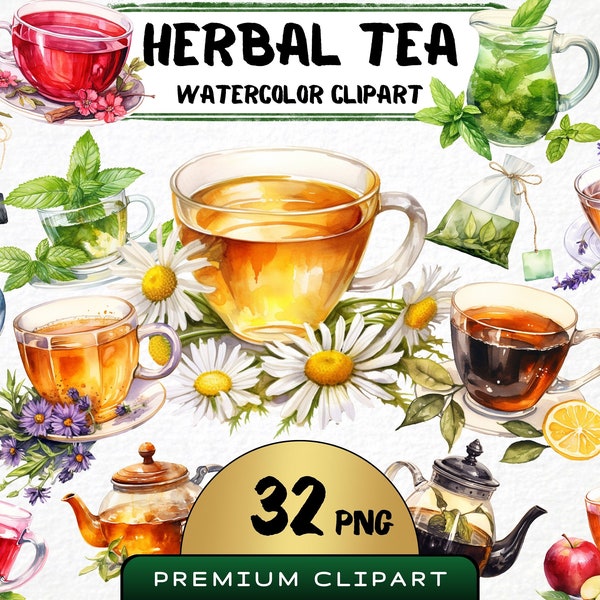 Clipart tisane, 32 png, aquarelle de thé vert, l'heure du thé confortable, art à la menthe, rooibos png, tasses à thé médicinal, scrapbooking, pour usage commercial