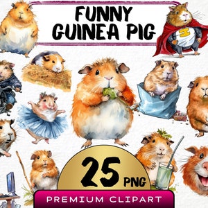 Funny Guinea Pig Clipart 25 Png, Cute Caricature Pet, Quirky Animals, Cavy Watercolor, Cartoon Illustration, Digital Print, Junk Journal