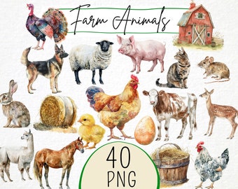 Watercolor Farm Animals Clipart, Cute Illustrations (40 PNG Digital Download)