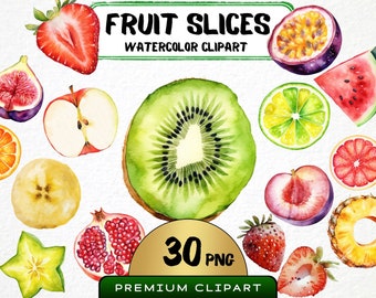Watercolor Fruit Slices Clipart, 30 Png, Sweet Fruits Cut in Half, Apple Graphics, Banana, Strawberry, Lemon, Scrapbooking, Commercial Use