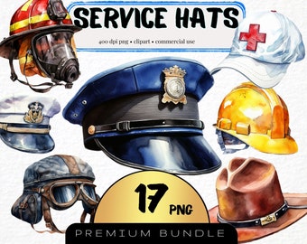 Service Hat Watercolor Clipart, Set of 17, First Responder Headgear, Police Officer Hat Clipart Firefighter Helmet Png, Card Making