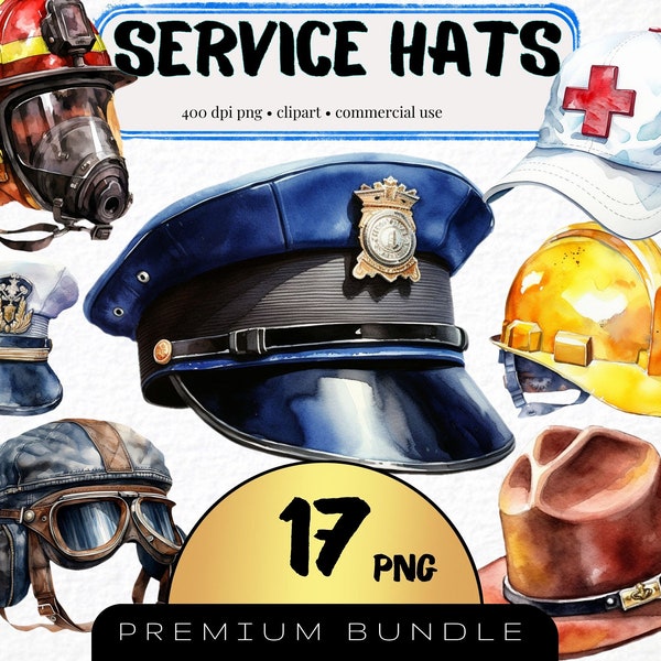 Service Hat Watercolor Clipart, Set of 17, First Responder Headgear, Police Officer Hat Clipart Firefighter Helmet Png, Card Making