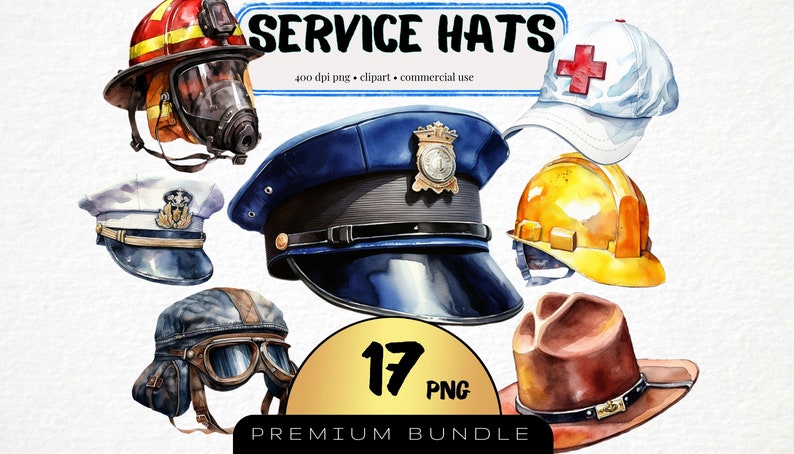 Service Hat Watercolor Service Hat Clipart, First Responder Headgear (set of 17 ...