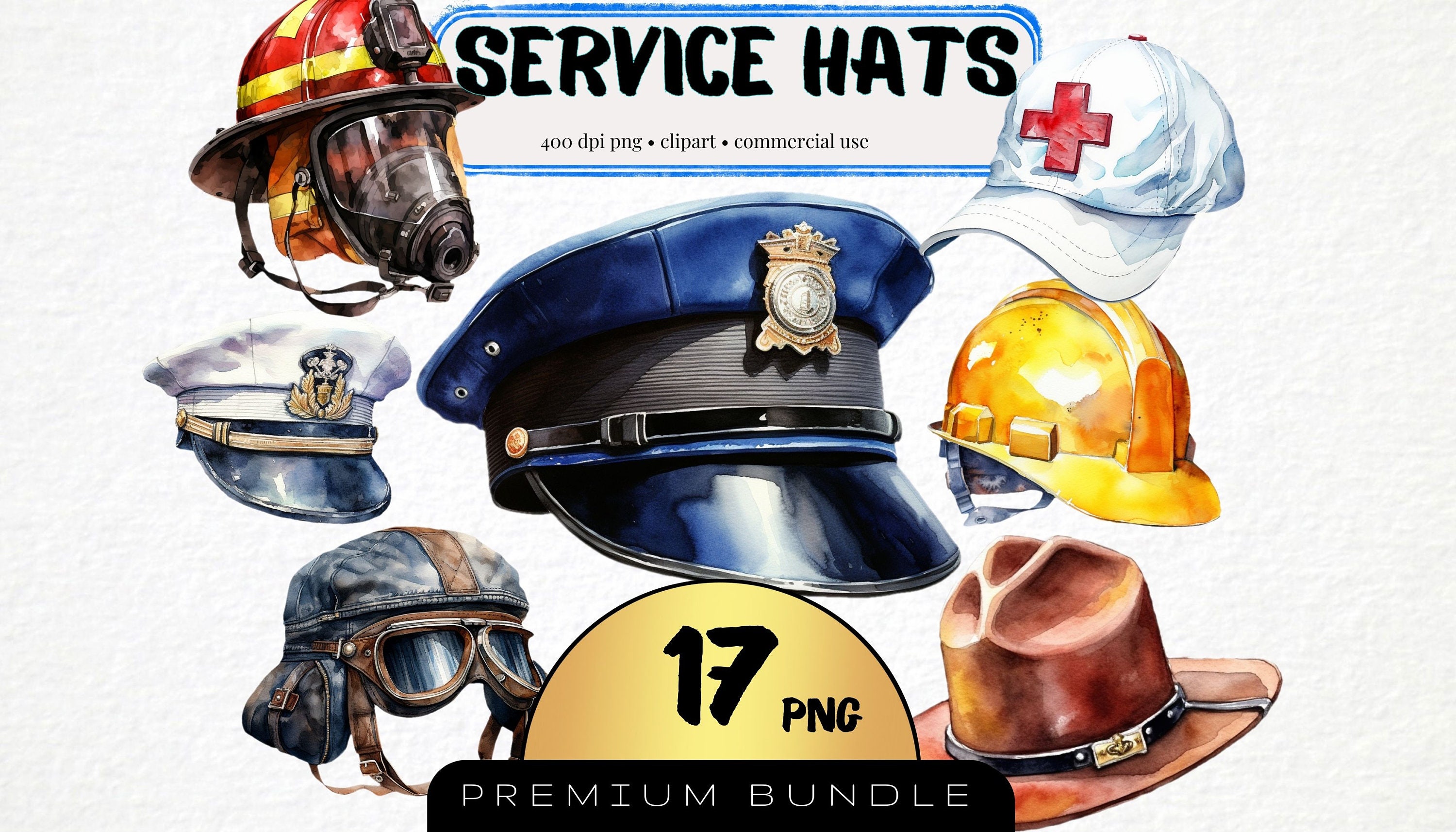 Service Hat Watercolor Clipart, Set of 17, First Responder Headgear, Police Officer Hat Clipart Firefighter Helmet Png, Card Making