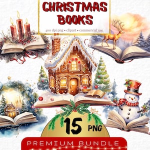 Aquarell Weihnachtsbücher Clipart, Set von 15, Fantasy Magische Offene Buch Clip art, Winter Urlaub Buch Digitale Grafik png, Weihnachten Sublimation