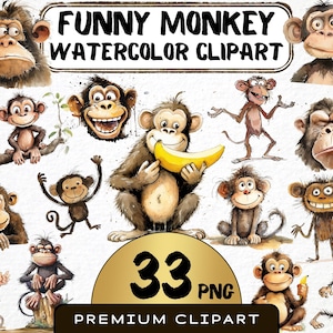 Funny Monkey Clipart 33 Png, Quirky Jungle Animal, Watercolor Monkey Banana Art,  Cartoon Ape, Commercial Use, Digital Art, Scrapbooking