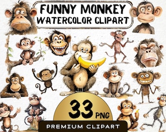 Funny Monkey Watercolor Clipart, Jungle Animal Art (33 PNG)