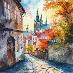 May include: A watercolor painting of a cobblestone street in a European city. The street is lined with buildings, and there is a large church in the background. The painting is done in a realistic style, with a focus on detail.