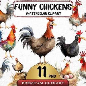 Funny Chickens Clipart 11 Png, Cute Caricature Farm Animals, Chicken Watercolor, Funny Chick, Cartoon Animals, Digital Prints, Scrapbooking