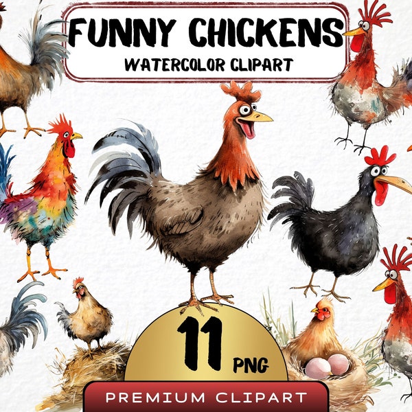 Funny Chickens Clipart 11 Png, Cute Caricature Farm Animals, Chicken Watercolor, Funny Chick, Cartoon Animals, Digital Prints, Scrapbooking