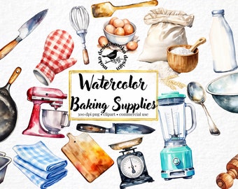 Watercolor Baking Clipart: Kitchen Supplies, Dessert PNG (Digital Download)