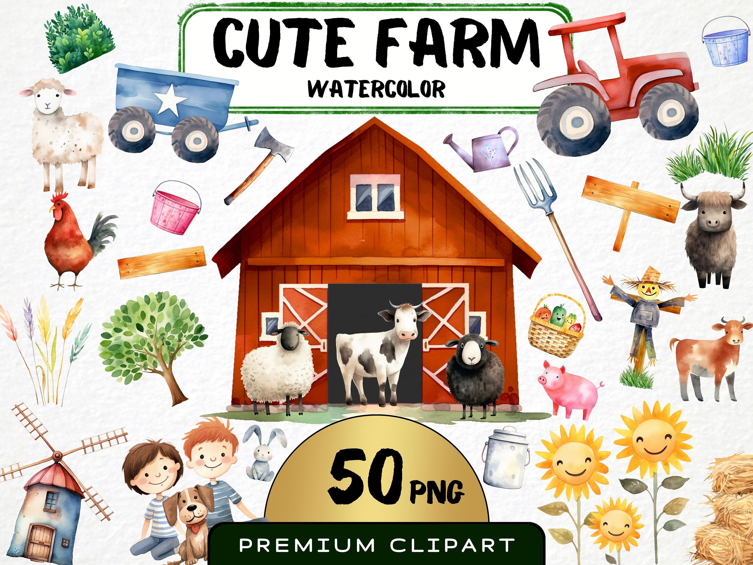 Cute Farm Animals Watercolor Clipart, Nursery Decor (50 PNG Digital ...