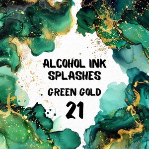 Salpicadura de color verde dorado abstracto, clipart 21 PNG, acuarela, tinta de alcohol, verde lima, descarga instantánea, arte digital con mezcla de colores, uso comercial