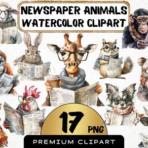 Animales de acuarela leyendo periódico Clipart 17 Png, linda mascota inteligente, animales divertidos leyendo, álbum de recortes de animales tontos, uso comercial