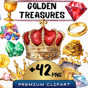 Aquarell Goldene Schätze Clipart 43 Png, glänzende Goldgrafik, Luxus Clipart, Diamanten Png, Krone Png, transparente Designs, kommerzielle Nutzung