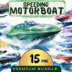 Racing Motorboot Clipart Aquarell, Set von 15, Schnellboote PNG, Jungen Kindergarten Boot Clipart, Sport Motorboot, Kartenherstellung, Sofort-Download