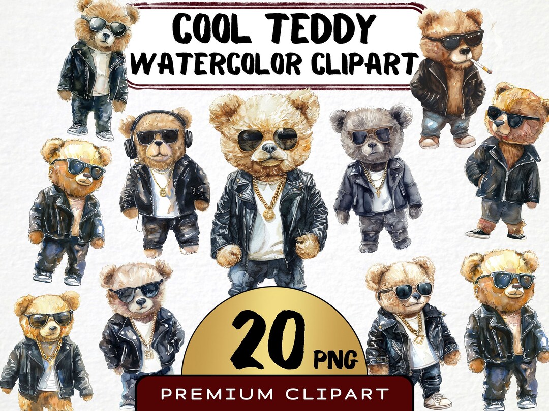 Watercolor Cool Teddy Clipart 20 Png, Cute Stuffed Animal With ...