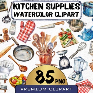 Clipart de suministros de cocina en acuarela 85 PNG, gráficos para hornear, utensilios de cocina, arte de cocina, álbumes de recortes de alimentos, impresiones digitales, uso comercial