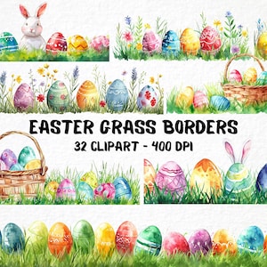 Watercolor Easter Grass Borders - 32 Clipart Bundle, DIY Easter Egg Graphic, Spring Scrapbooking, Card Making, Bunny Frame, Commercial Use
