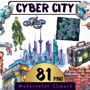 Könnte beinhalten: Aquarell-Clipart-Set mit einer futuristischen Stadt mit Robotern, Drohnen und Waffen. Das Bild enthält den Text "CYBER CITY" und "81 PNG Watercolor Clipart". Die Farbpalette umfasst Blau-, Lila- und Orangetöne.