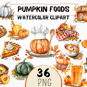 Aquarelle citrouille aliments Clipart 36 Png, vaisselle d'automne, repas d'épice de citrouille, soupe de citrouille, thème de l'automne cuisine téléchargement numérique usage commercial