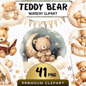 Może przedstawiać: Zestaw 41 akwarelowych ilustracji przedstawiających misia w różnych pozach, w tym czytającego książkę, śpiącego na rogalu księżyca i huśtającego się na huśtawce. Ilustracje utrzymane są w miękkiej, pastelowej kolorystyce i przedstawiają gwiazdy, chmury i inne fantazyjne elementy. W obrazie znajduje się tekst "Teddy Bear Nursery Clipart" i "41 PNG Premium Clipart".