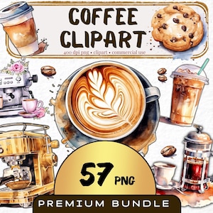 Clipart di caffè, set di 57, PNG di caffè ad acquerello, pacchetto di clipart di caffè, decorazioni artistiche per bar, download digitale, arte digitale, uso commerciale
