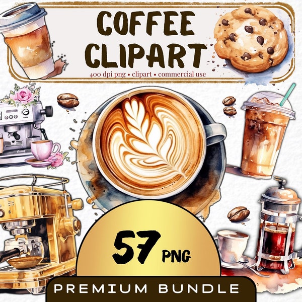 Coffee Clipart, Set of 57, Watercolor Coffee PNG, Coffee Clip Art Bundle, Cafe Shop Decor Art, Digital Download, Digital Art, Commercial Use