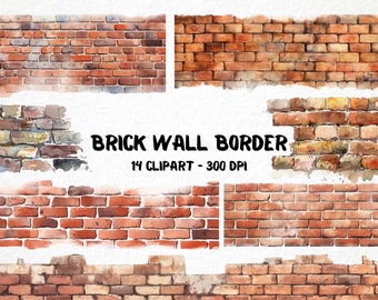 Watercolor Brick Wall Borders 14 Png Clipart Bundle, DIY Graphics, Scrapbooking Elements, Card Making Stationery Borders, Commercial Use