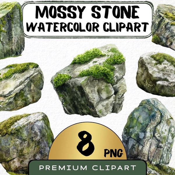 Watercolor Mossy Stone Clipart 8 Png, Green Moss Rock Graphics, Overgrown Art, Digital Prints, Commercial Use, Card Making, Instant Download