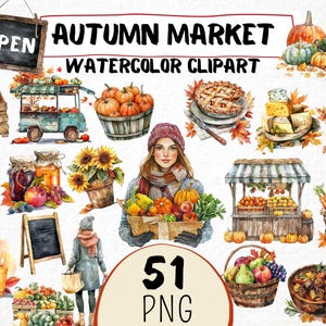 Aquarel herfst markt clipart 51 png, herfst foodtruck, pompoenmand, herfst winkelen, gezellige herfst meisje, digitale download commercieel gebruik