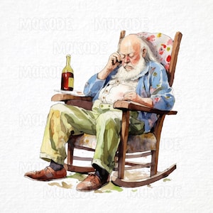 Funny Grandpa Rocking Chair Clipart, Watercolor Caricature (PNG Digital ...