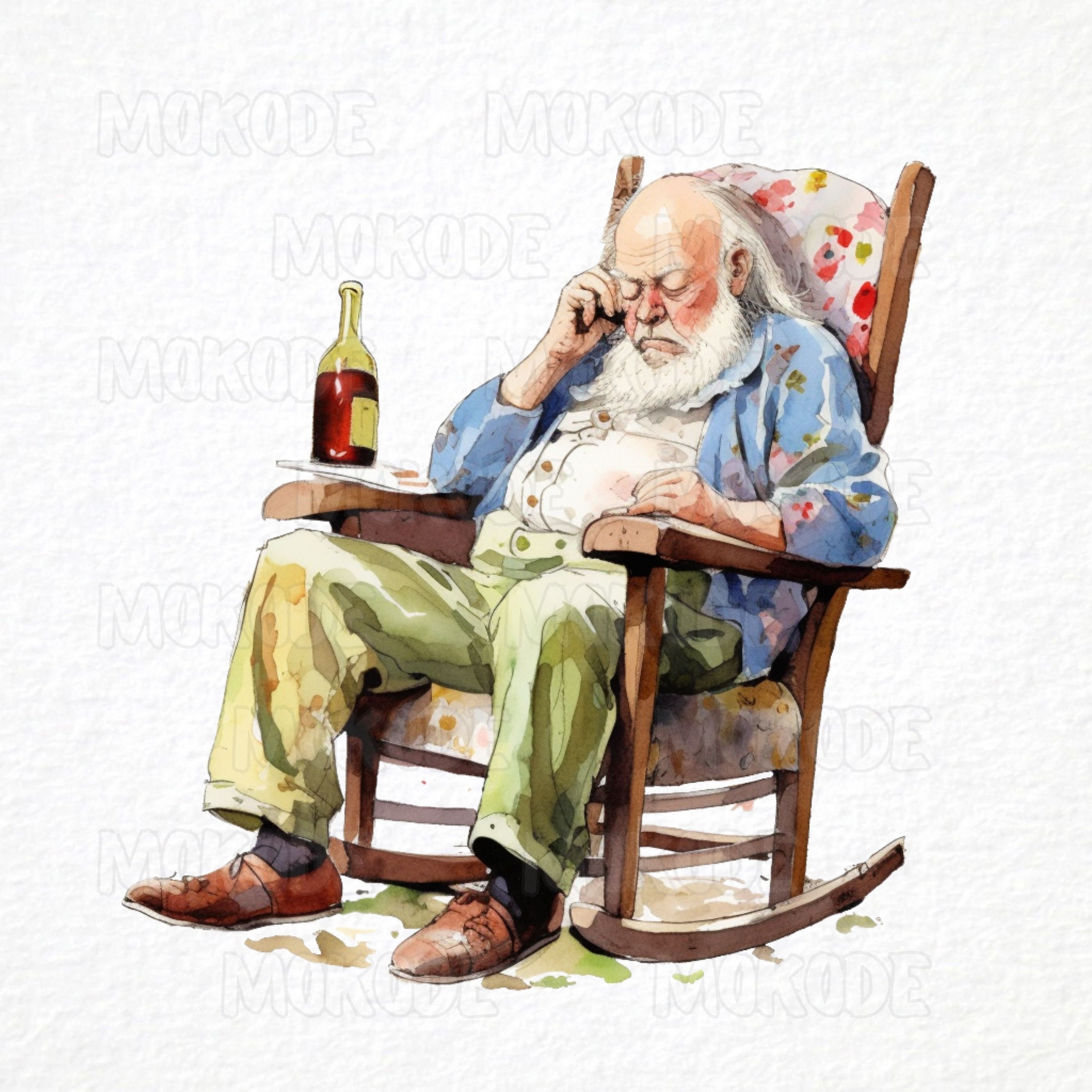 Funny Grandpa Rocking Chair Clipart, Watercolor Caricature (PNG Digital ...