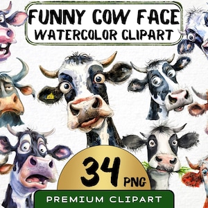 Funny Cow Face Clipart 34 Png, Cute Caricature Bull, Quirky Cow Watercolor Funny Portrait Cartoon Farm Animals, Digital Prints, Scrapbooking