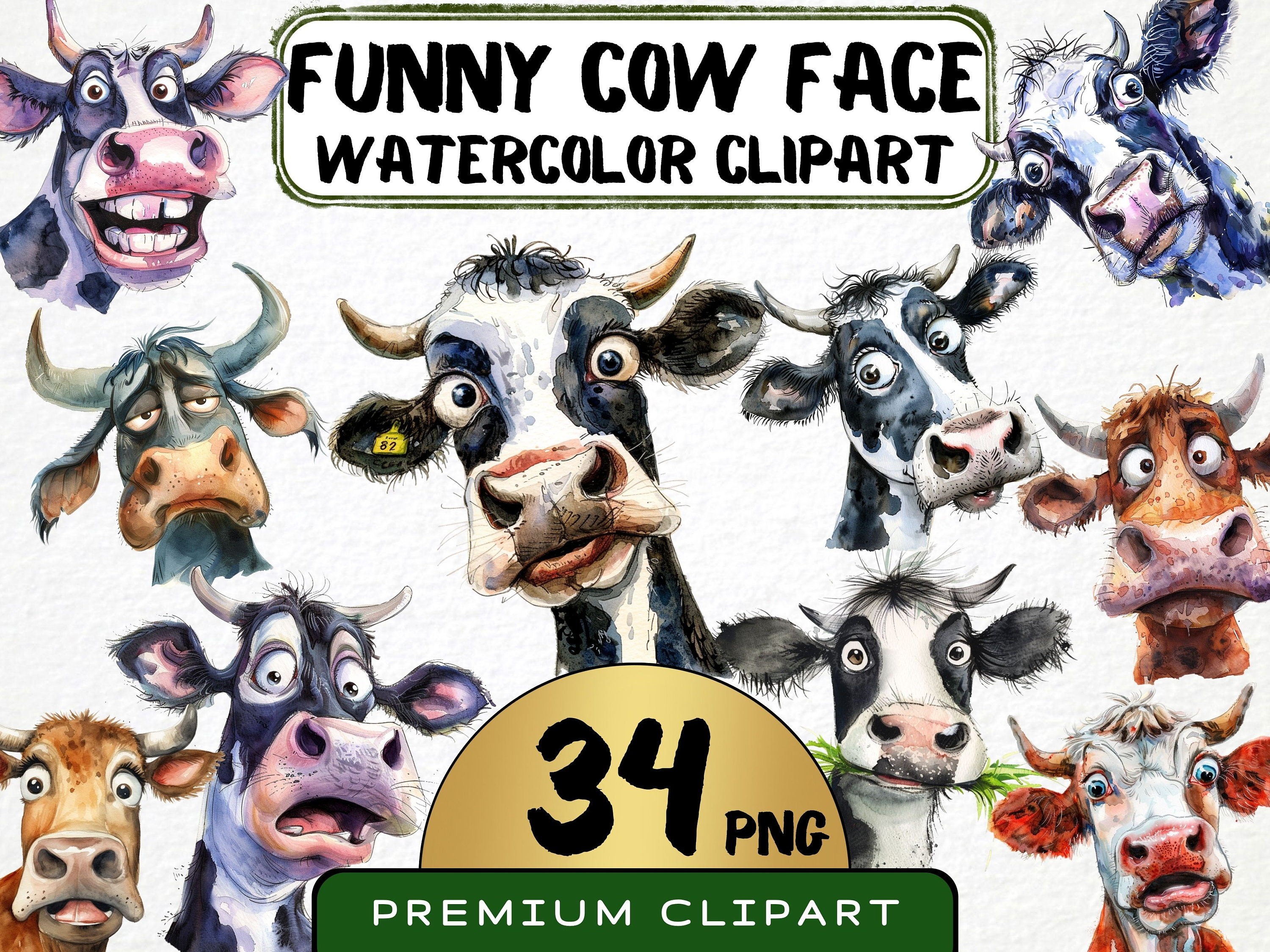 面白い牛の顔のクリップアート 34 PNG、かわいい牛の似顔絵、風変わり