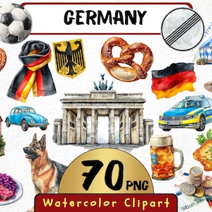 Aquarell Germany Clipart 70 PNG, Brandenburger Tor, Oktoberfest, Brezel, Bier, Schäferhund, Flagge, Polizeiauto & Essen, Instant Download