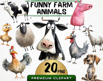 May include: A set of 20 cartoon farm animal illustrations in a watercolor style. The animals include a cow, sheep, pig, goat, chicken, rooster, and a dog. The illustrations are in a whimsical style and would be perfect for use in children's books, greeting cards, or other creative projects.