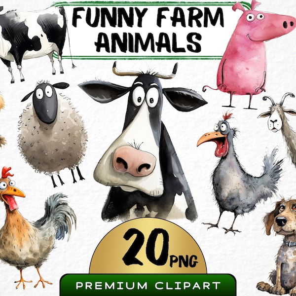Funny Farm Animals Clipart 20 Png, Cute Caricature Pets, Quirky Cow Watercolor, Funny Sheep, Cartoon Animals, Digital Prints, Scrapbooking