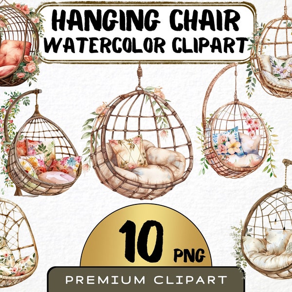 Watercolor Hanging Chair Clipart 10 Png, Cozy Boho Egg Chair, Summer Seating, Reading Area Illustration, Card Making, Instant Download