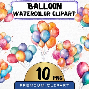 Clipart di palloncini colorati ad acquerello 10 PNG Palloncini di buon compleanno, invito, tecnica mista, uso commerciale, download istantaneo, artigianato digitale