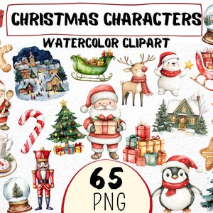 Personajes navideños en acuarela, imágenes prediseñadas, 65 imágenes en formato PNG, Papá Noel, muñeco de nieve festivo para guardería, elfos, gorro de Papá Noel, álbum de recortes con impresiones digitales de caña de azúcar