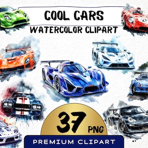 May include: A set of 37 watercolor illustrations of cool cars in various colors, including red, blue, green, orange, and black. The cars are depicted in a stylized, artistic manner, with splashes of watercolor paint around them. The text "COOL CARS WATERCOLOR CLIPART" is displayed at the top of the image, and the number "37 PNG PREMIUM CLIPART" is displayed at the bottom.