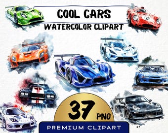 Aquarell Rennwagen Clipart, Supercar Racing Designs (37 PNG) (Digital Download)