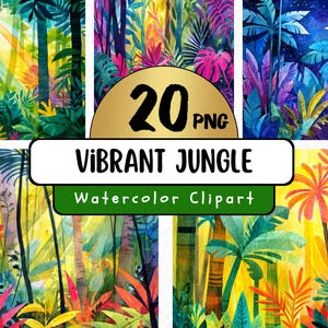 20 hoogwaardige aquarel levendige jungle ontwerpen png, Amazoneregenwoud illustratie, plakboek, kunst aan de muur, digitale download, commercieel gebruik