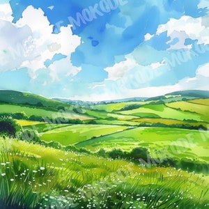 Watercolor Green Meadow Clipart, Summer Field Illustration (Digital Download)