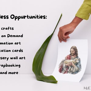 May include: A white card with a watercolor painting of Jesus holding a lamb. The text "Endless Opportunities" is written above a list of uses for the image, including paper crafts, print on demand, sublimation art, invitation cards, nursery wall art, scrapbooking, and more.
