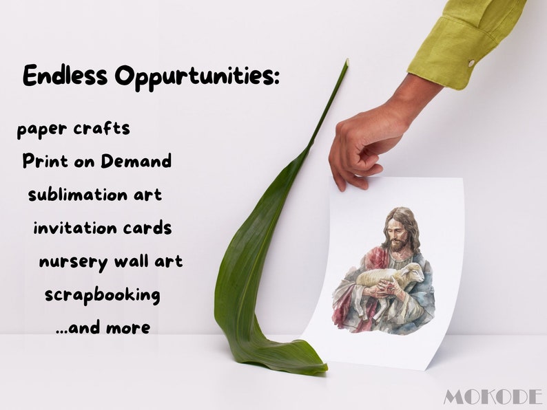 May include: A white card with a watercolor painting of Jesus holding a lamb. The text "Endless Opportunities" is written above a list of uses for the image, including paper crafts, print on demand, sublimation art, invitation cards, nursery wall art, scrapbooking, and more.